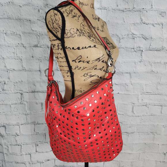 Rebecca Minkoff hot red leather shoulder bag studded 17x17 A4C - Picture 1 of 7